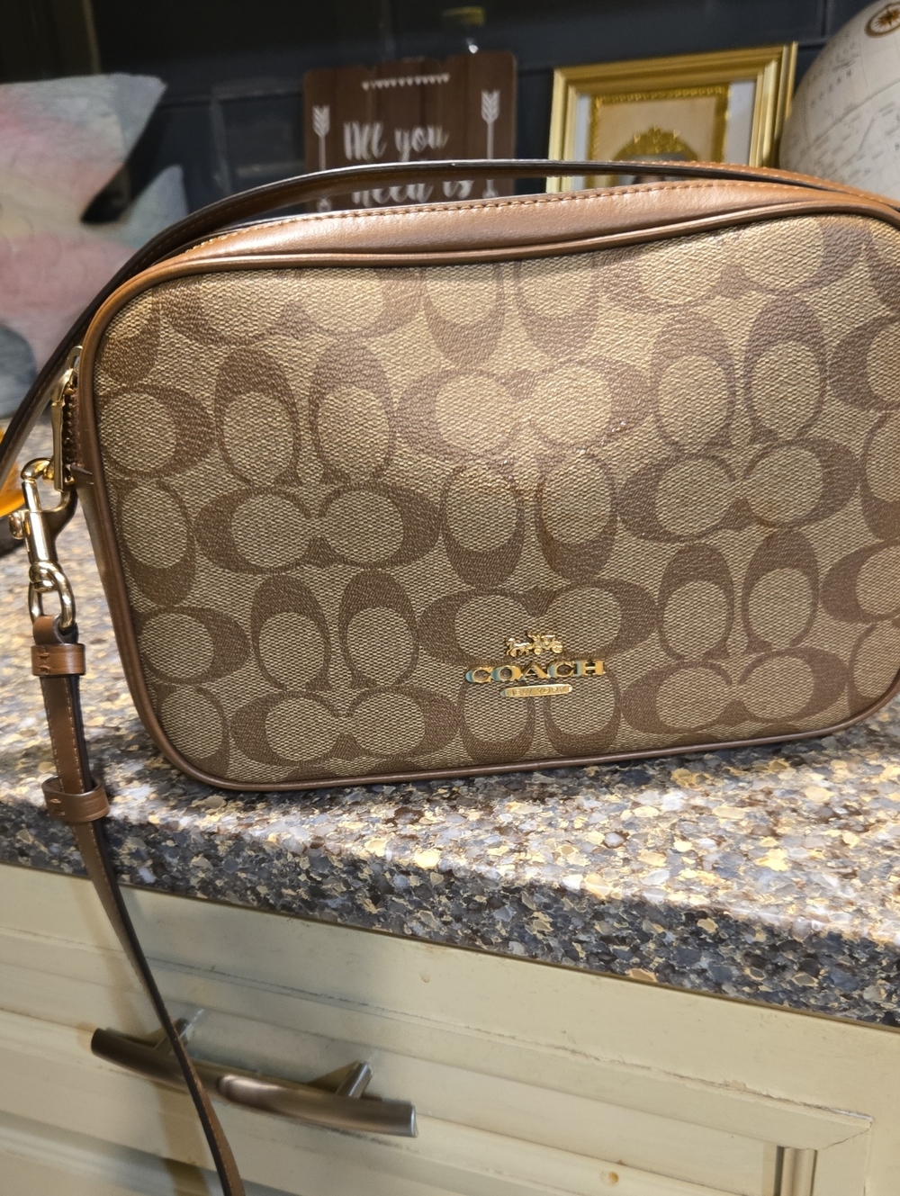 Coach Signature Double Zipper Coated Canvas Crossbody Bag in Brown